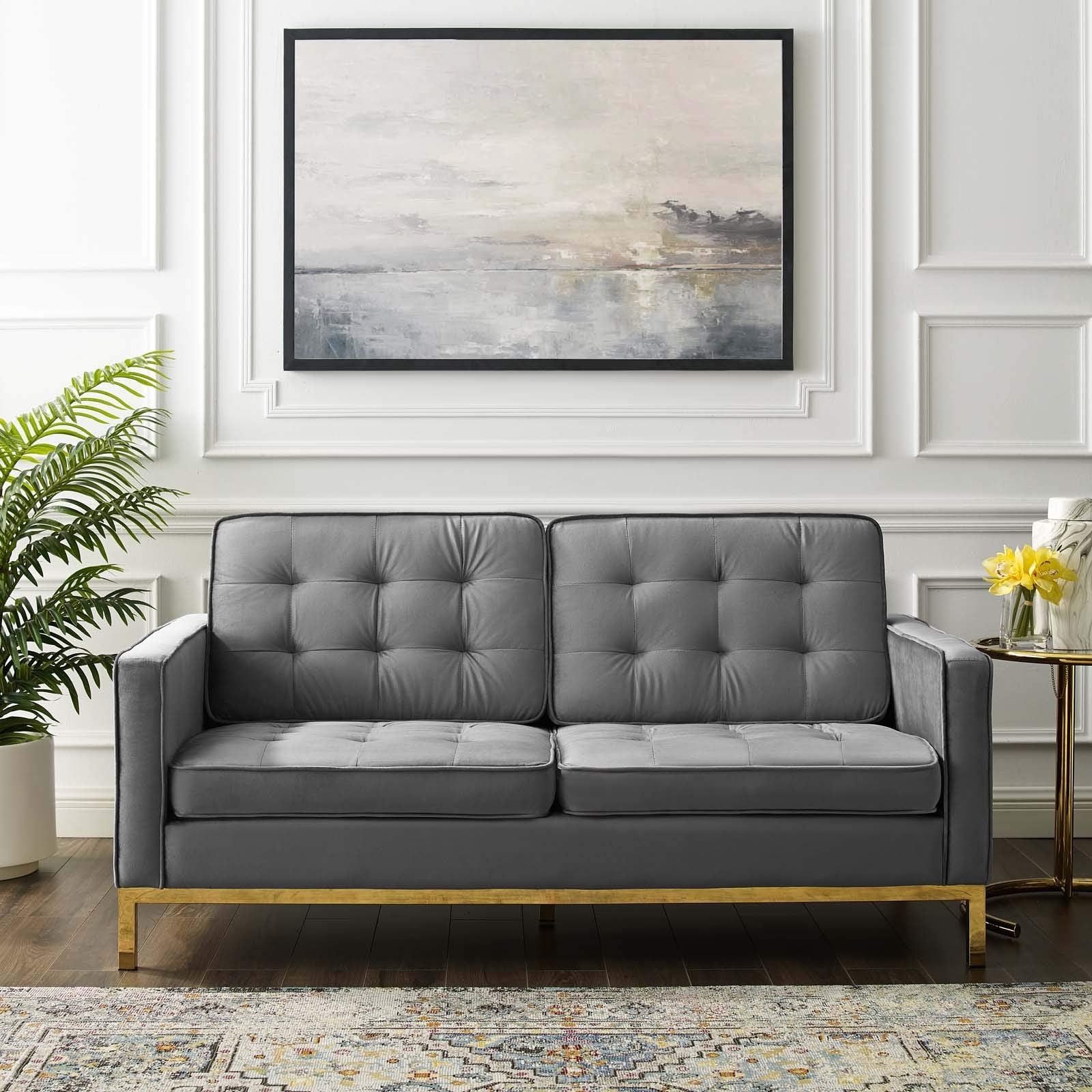 Modway Loft Tufted Button Performance Velvet Upholstered Loveseat In Gold Gray